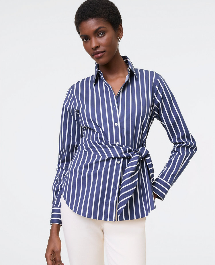 Ann Taylor Petite Striped Tie Waist Button Down Shirt Subdued Navy Women's