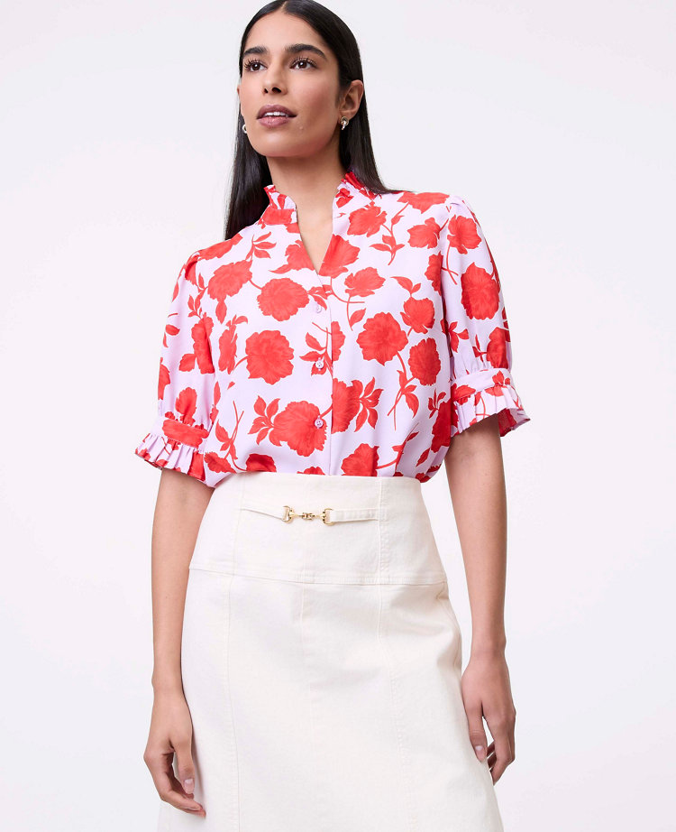 Ann Taylor Petite Floral Ruffle Collar Shirt Fiery Sunset Women's