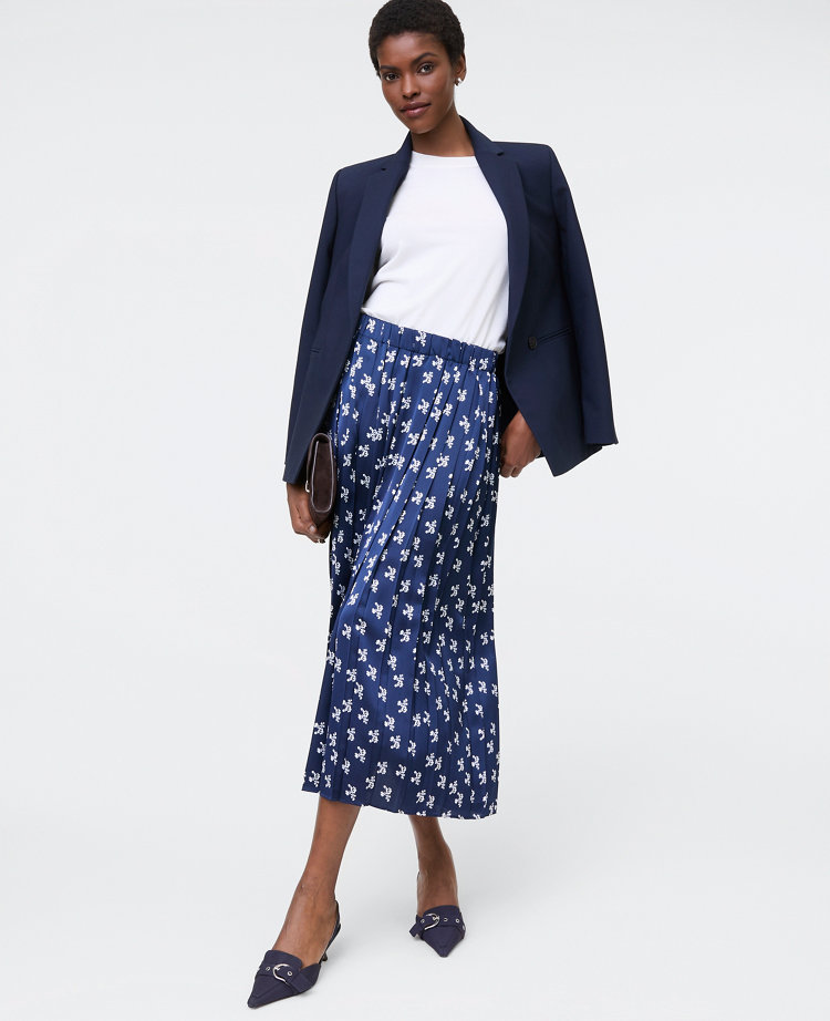 Petite Floral Satin Pleated Midi Skirt