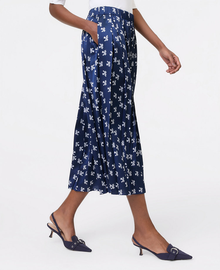 Ann Taylor Petite Floral Satin Pleated Midi Skirt Indigo Dusk Women's
