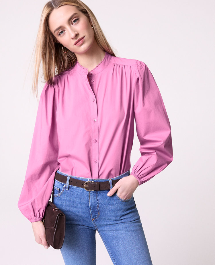 Petite Weekend Collection Embroidered Collar Blouse