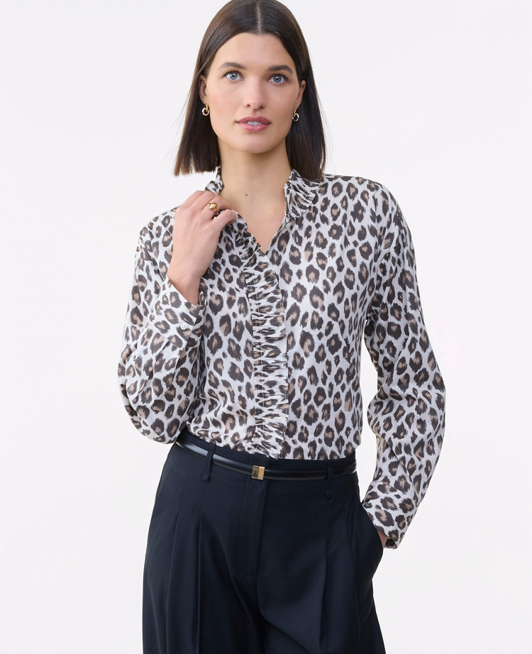 Ann Taylor Petite Animal Print Ruffle Shirt Pale Linen Women's