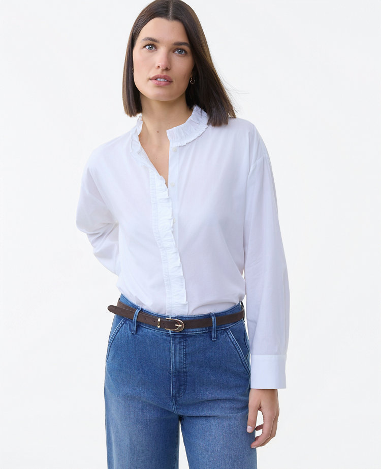 Ann Taylor Petite Ruffle Button Down Shirt White Women's