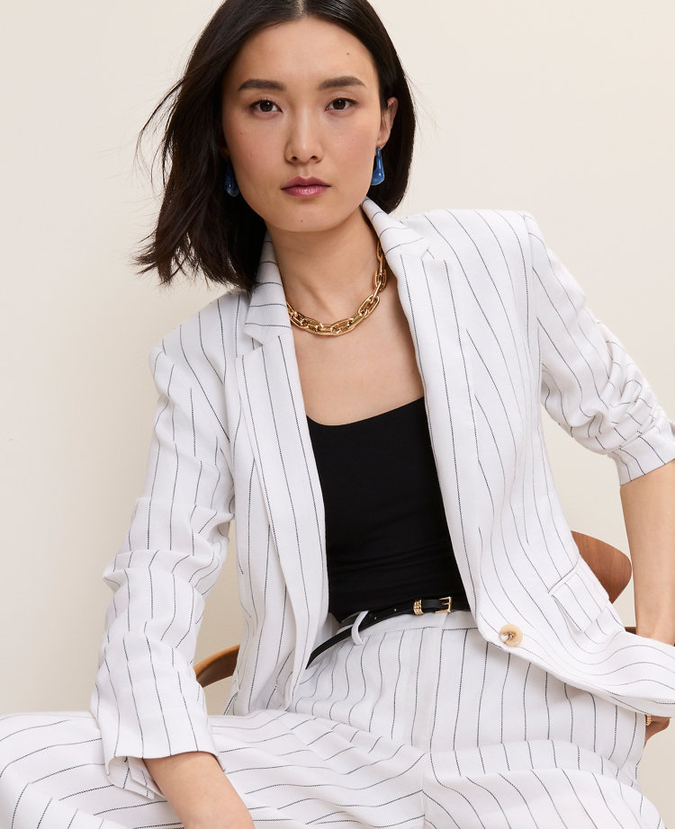 The Long One Button Blazer in Linen Blend Pinstripe