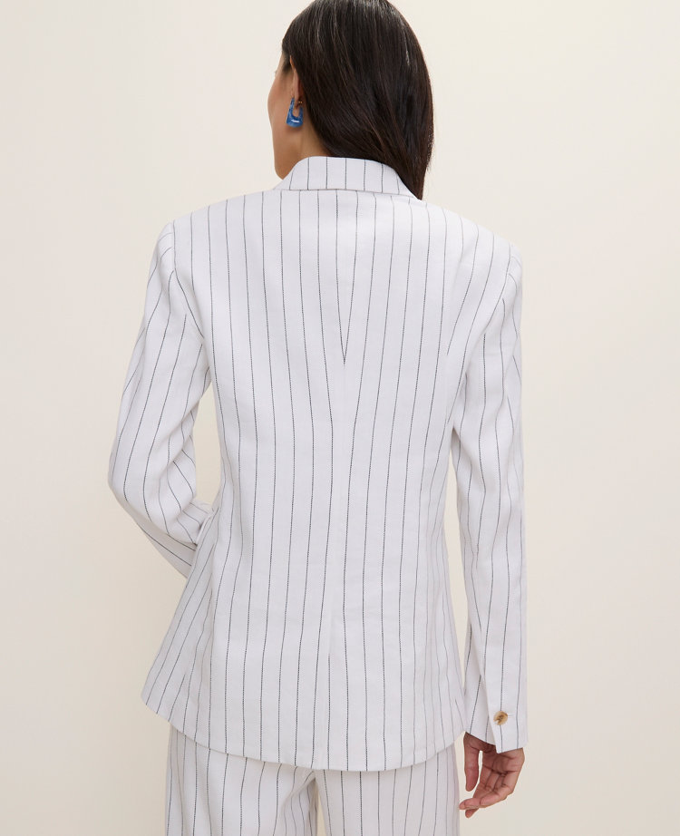 The Long One Button Blazer in Linen Blend Pinstripe