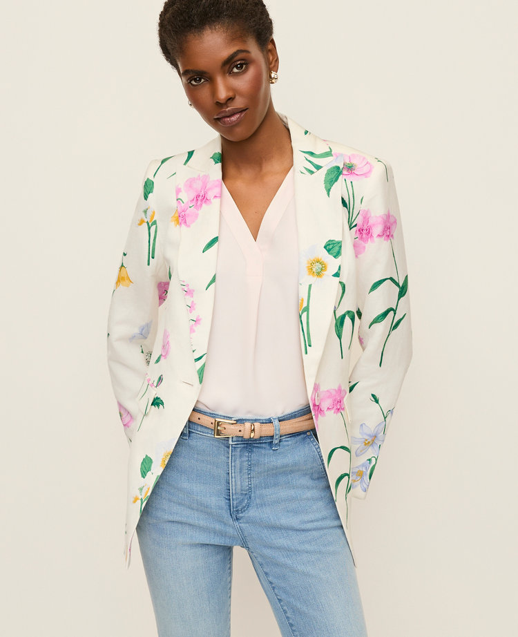 The Long One Button Blazer in Floral Linen Blend
