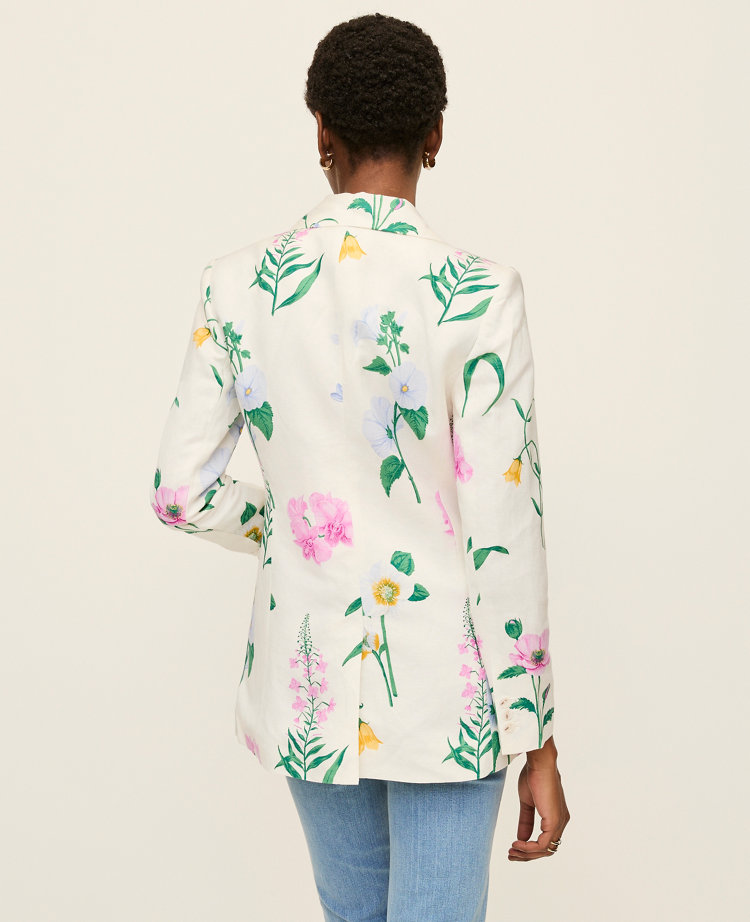 Ann Taylor The Long One Button Blazer Floral Linen Blend Winter White Women's