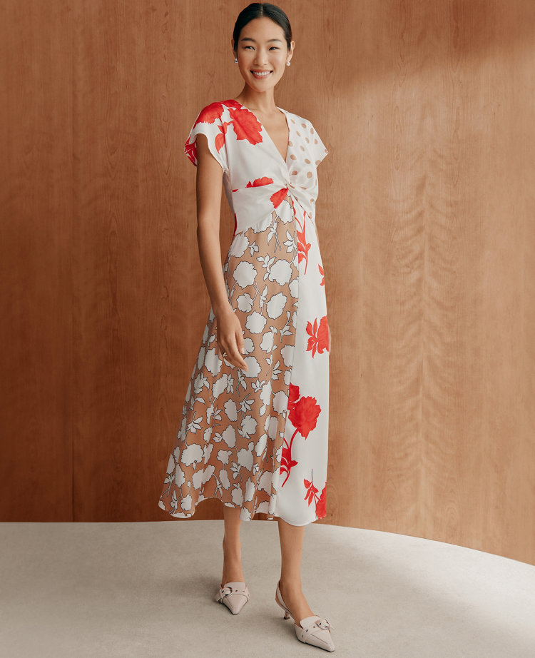 Petite Floral Collage Twisted Midi Dress