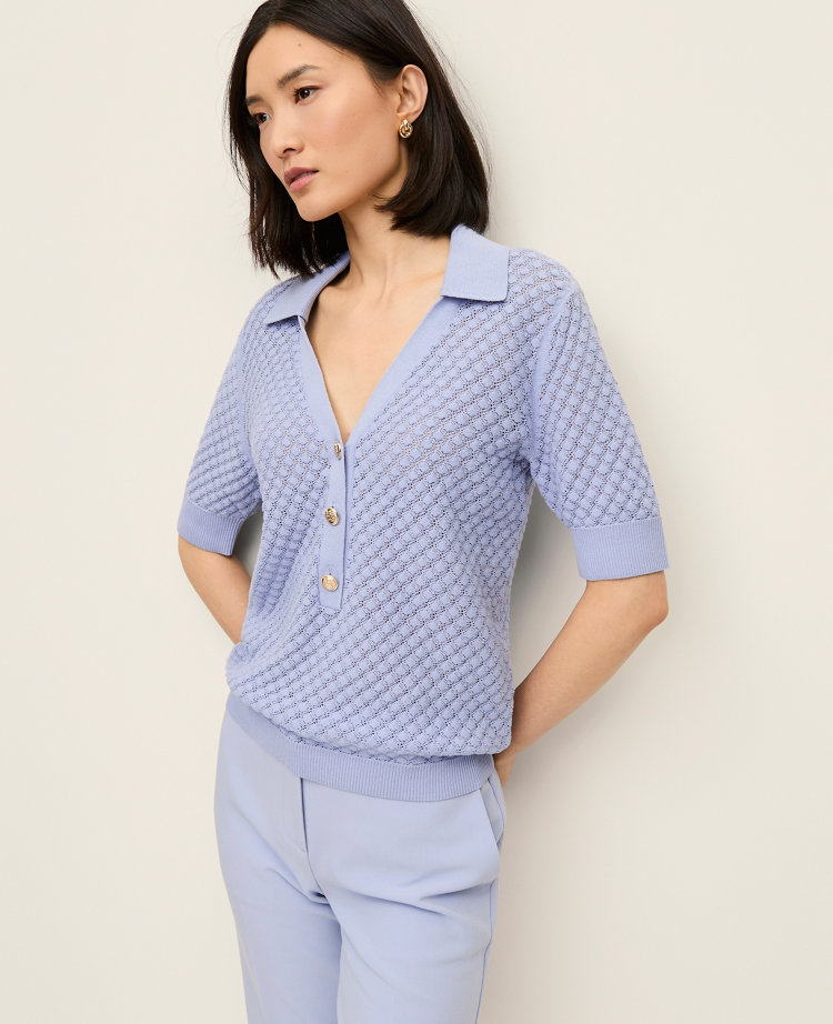 Petite Pointelle Polo Sweater