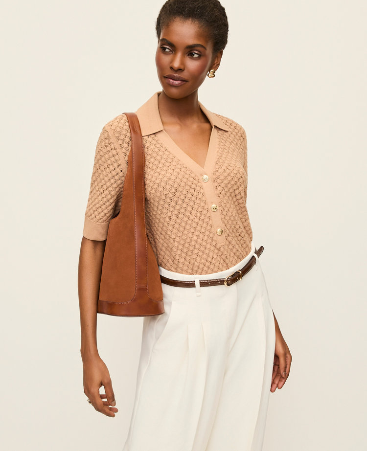 Petite Pointelle Polo Sweater