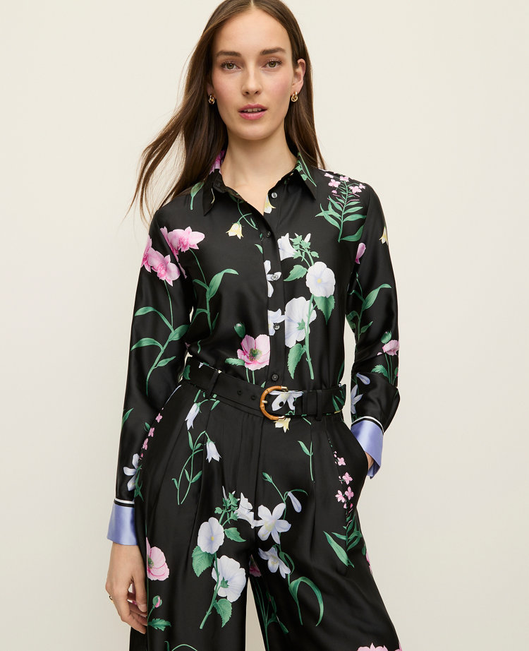 Ann Taylor Floral Satin Essential Shirt Black Women's