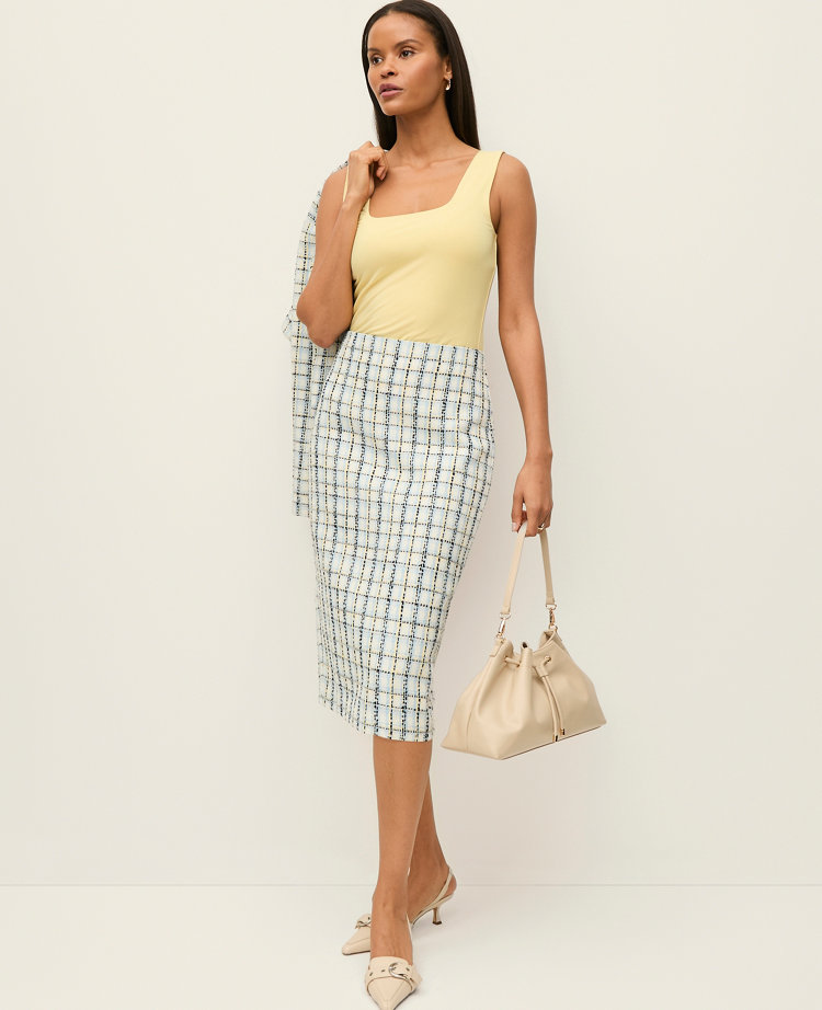 The Petite Column Midi Skirt in Plaid Tweed