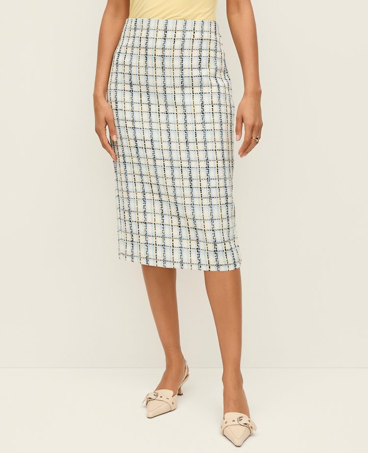 The Petite Column Midi Skirt in Plaid Tweed
