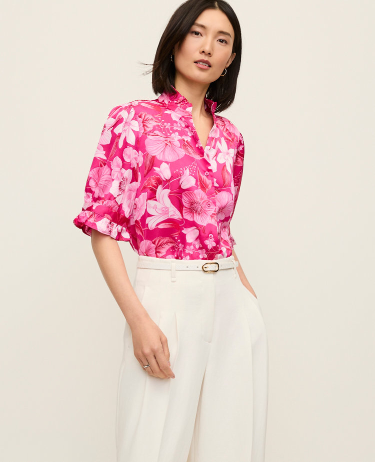 Petite Floral Ruffle Collar Blouse
