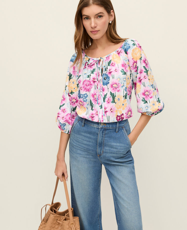 Petite Weekend Collection Floral Linen Blend Blouse