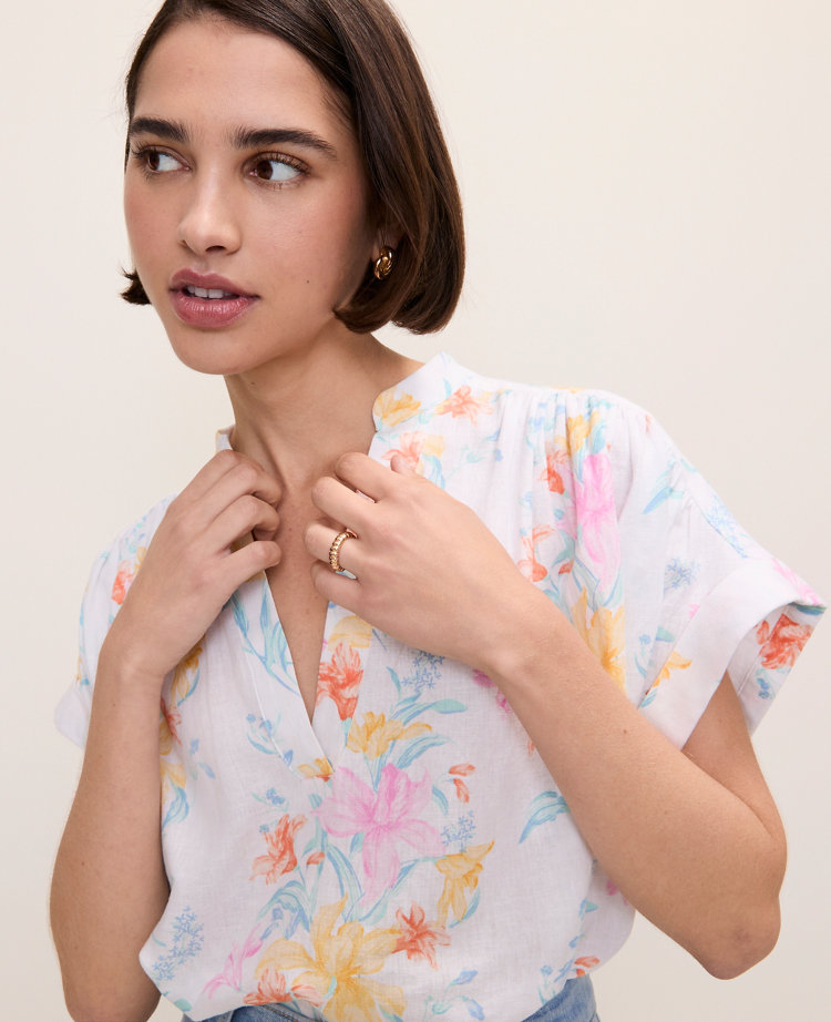Floral Linen Blend Split Neck Blouse