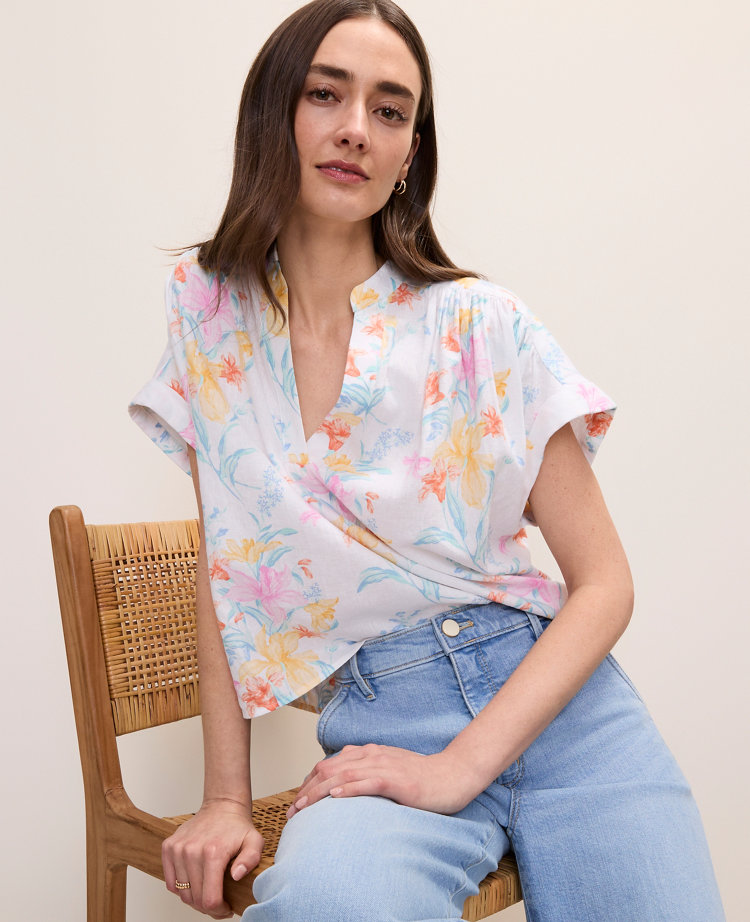 Floral Linen Blend Split Neck Blouse