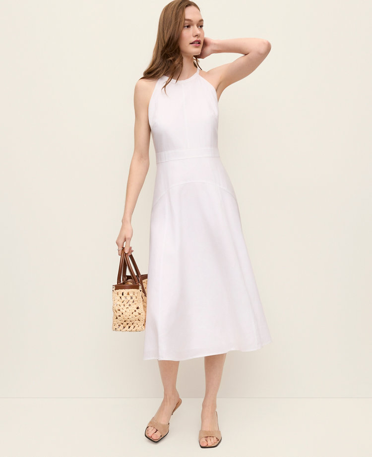 Petite Linen Blend Halter Flare Midi Dress