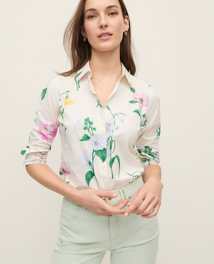 Ann Taylor Floral Perfect Shirt Winter White Women's