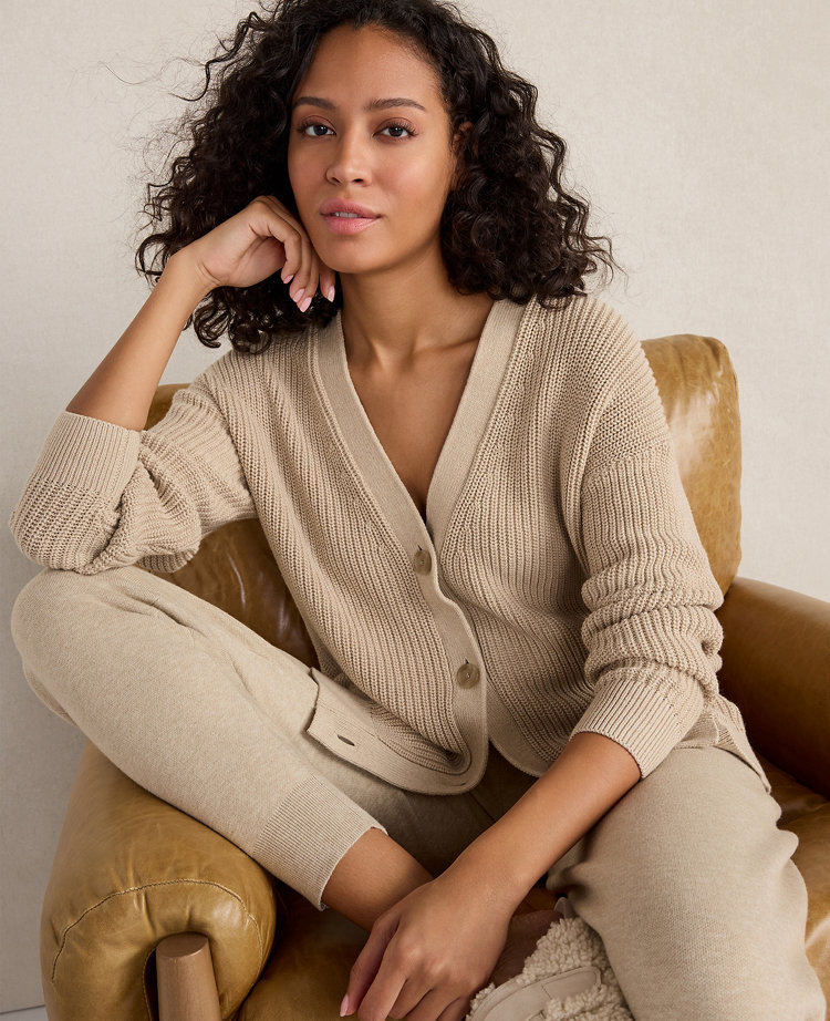 Ann Taylor Haven Well Within Organic Cotton Shaker Stitch Heathered Cardigan Worn taupe Women's