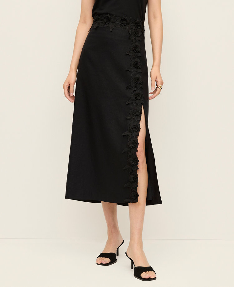 Petite Lace Trim Linen Blend Midi Skirt