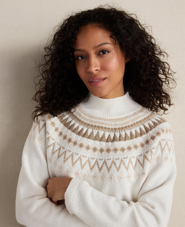 Ann Taylor Haven Well Within Organic Cotton Blend Fairisle Mock Neck Sweater In White