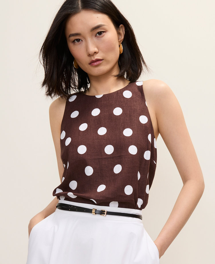 Polka Dot Linen Blend Halter Tank Top