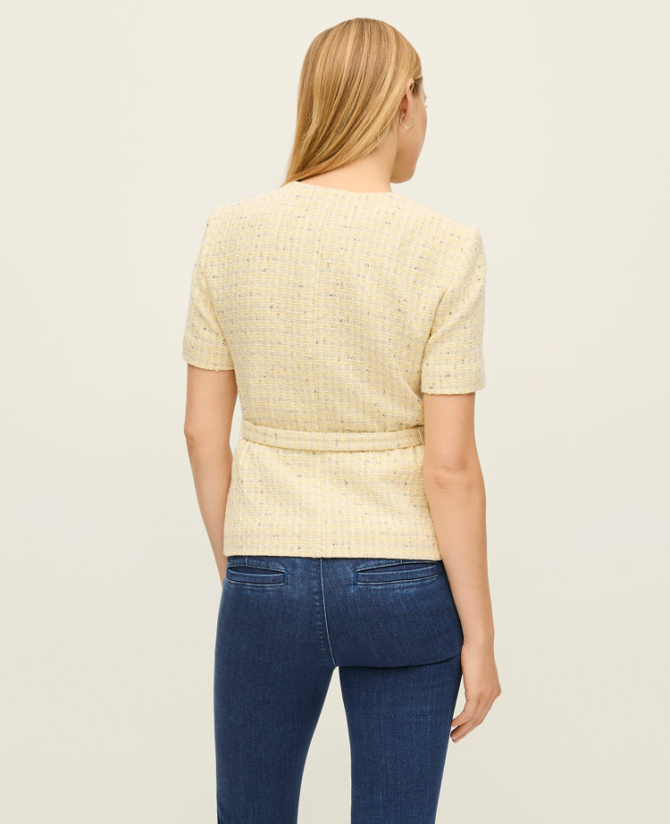 Ann Taylor Petite Tweed Belted Jacket Speckled Yellow Multi Women's