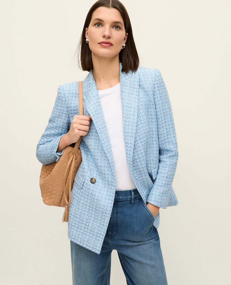 Ann Taylor The Petite Crosby Blazer Tweed Light Blue Multi Women's