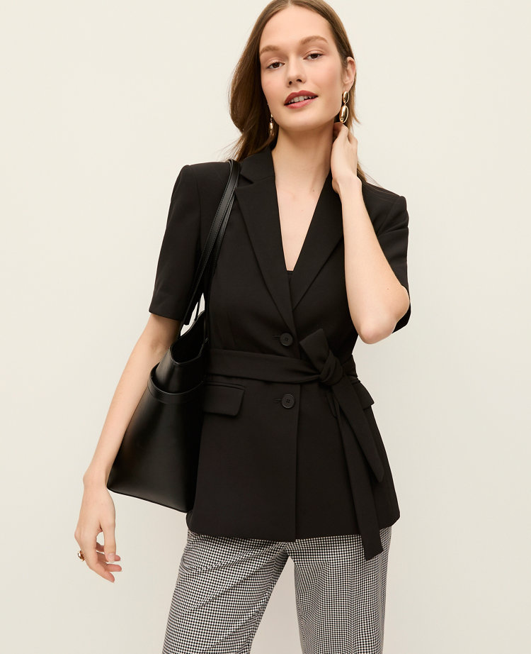Ann Taylor The Petite Fitted Belted Blazer Crepe Black Women's