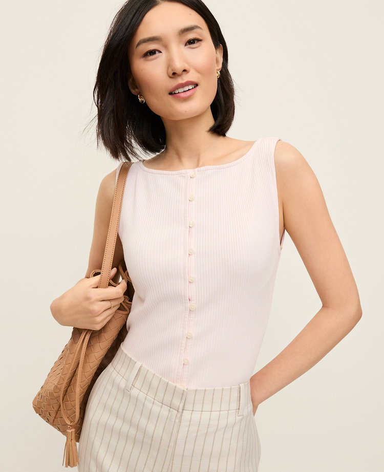Petite Ribbed Sleeveless Button Top