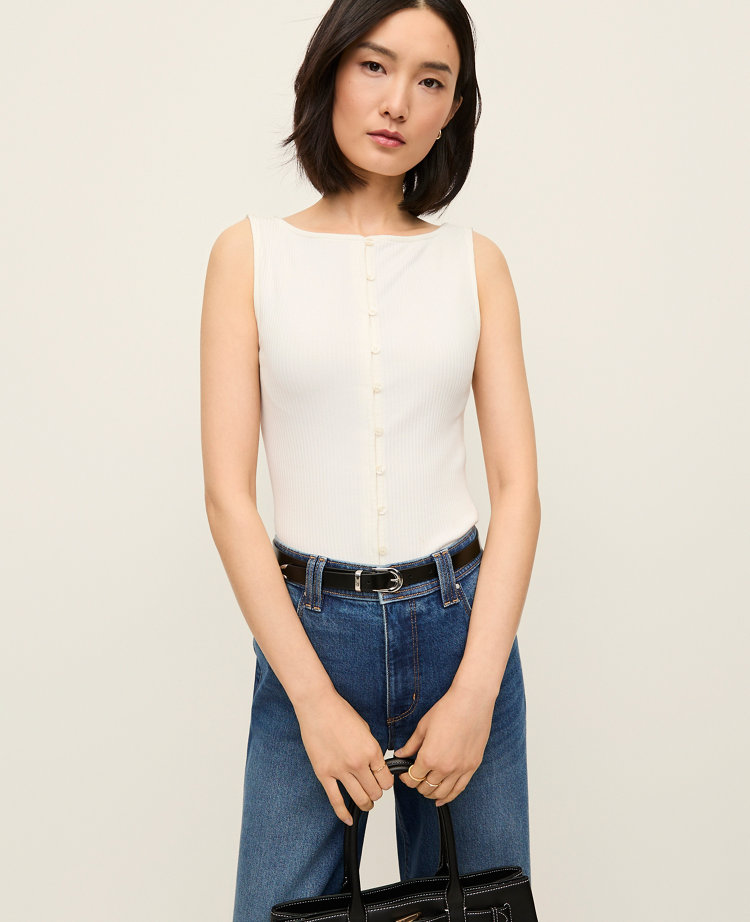 Petite Ribbed Sleeveless Button Top
