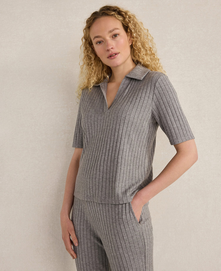Ann Taylor Haven Well Within Wide Rib Knit Johnny Collar Top In Gray