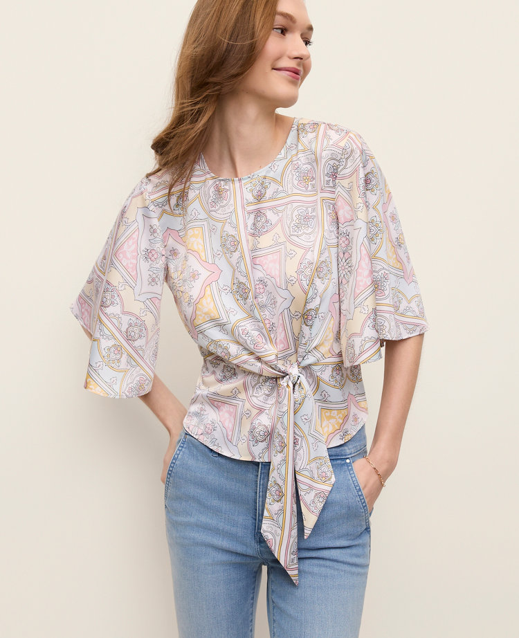 Ann Taylor Petite Tile Print Tie Waist Blouse Women's