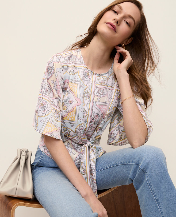 Ann Taylor Petite Tile Print Tie Waist Blouse Women's