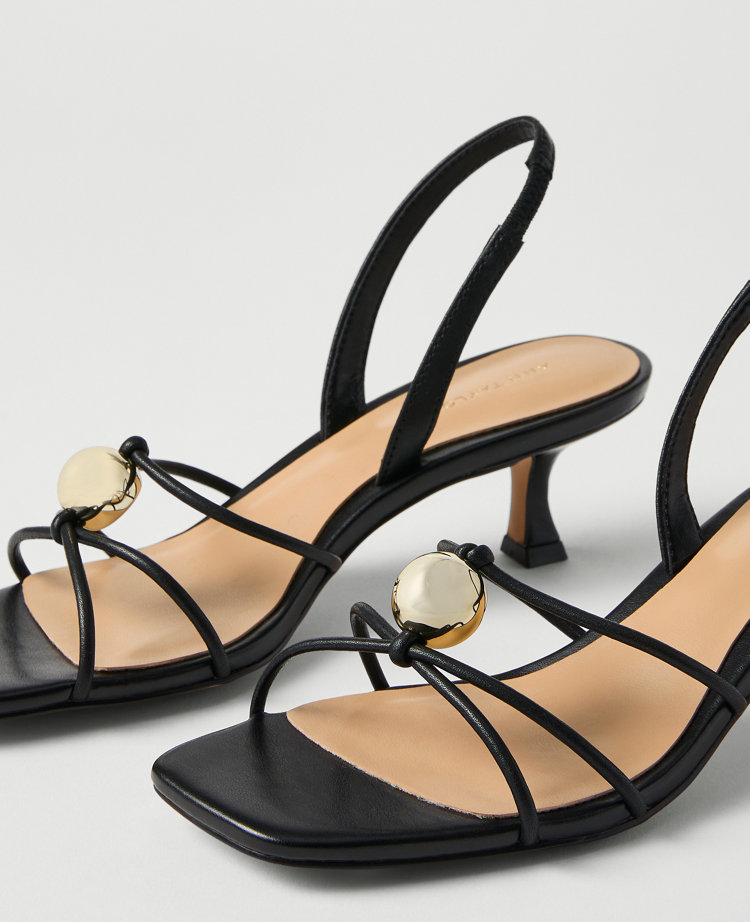 Leather Embellished Kitten Heel Sandal - Black