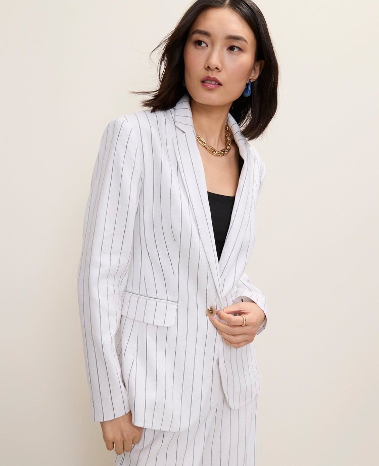 The Petite Long One Button Blazer in Linen Blend Pinstripe