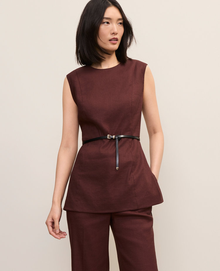 The Petite Long Crew Neck Top in Linen Blend