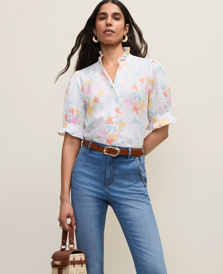 Floral Linen Blend Ruffle Blouse