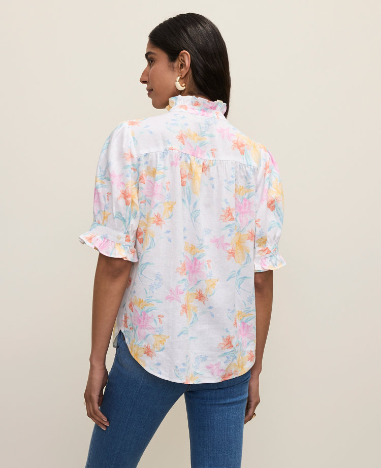 Floral Linen Blend Ruffle Blouse