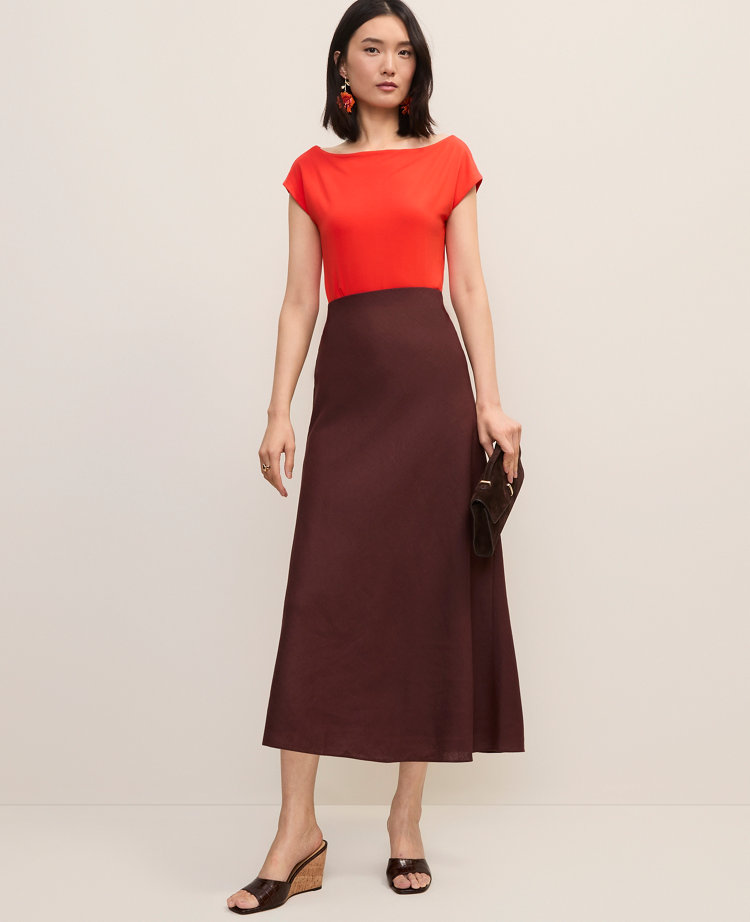 Linen Blend Bias Midi Slip Skirt