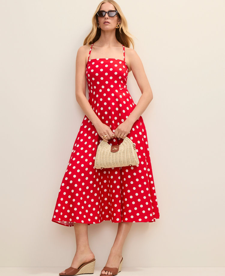 Petite Polka Dot Midi Dress in Linen Blend