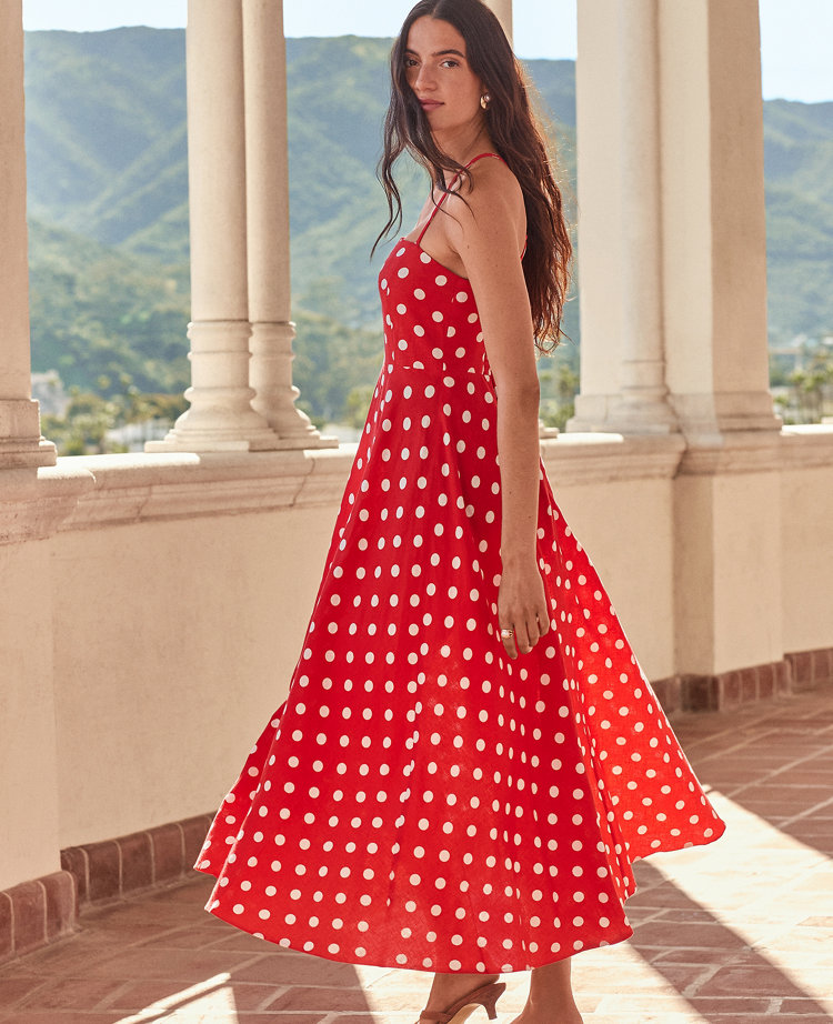 Petite Polka Dot Midi Dress in Linen Blend