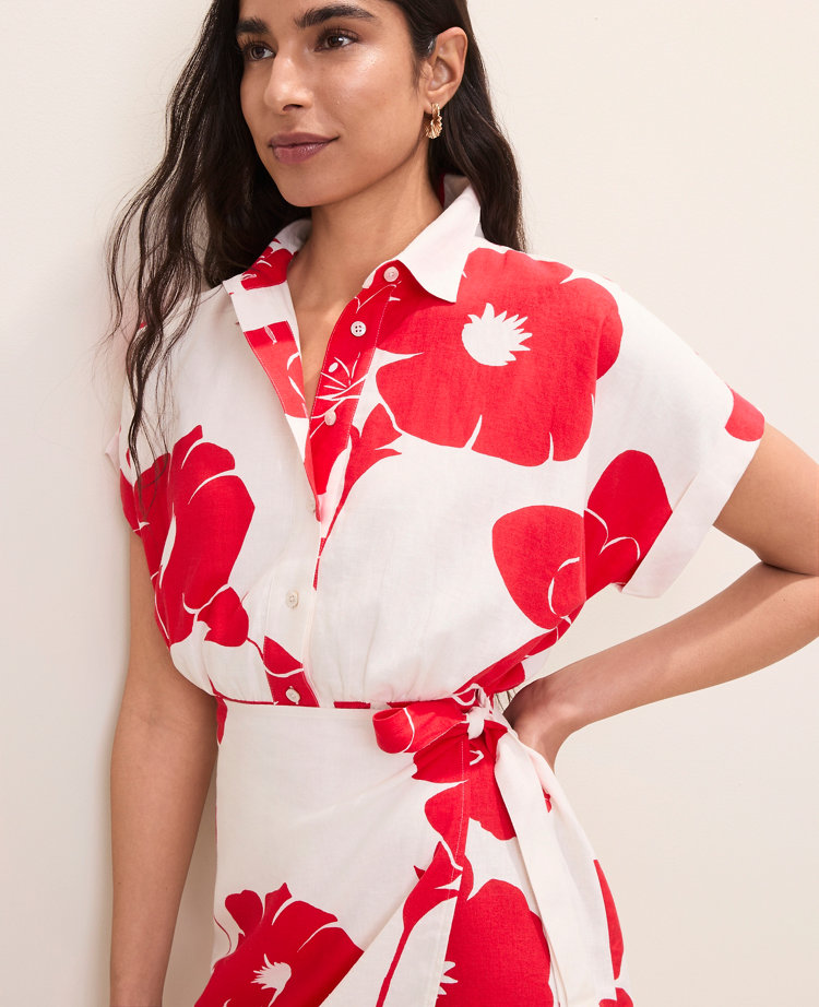 Petite Floral Collared Shift Dress in Linen Blend