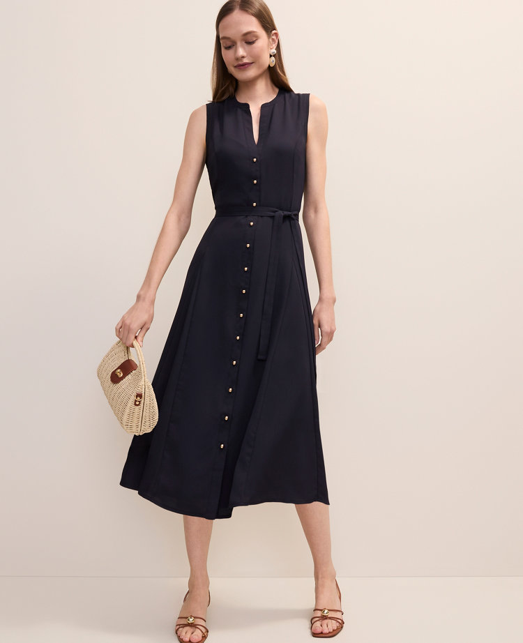 Petite Belted Split Neck Flare Dress
