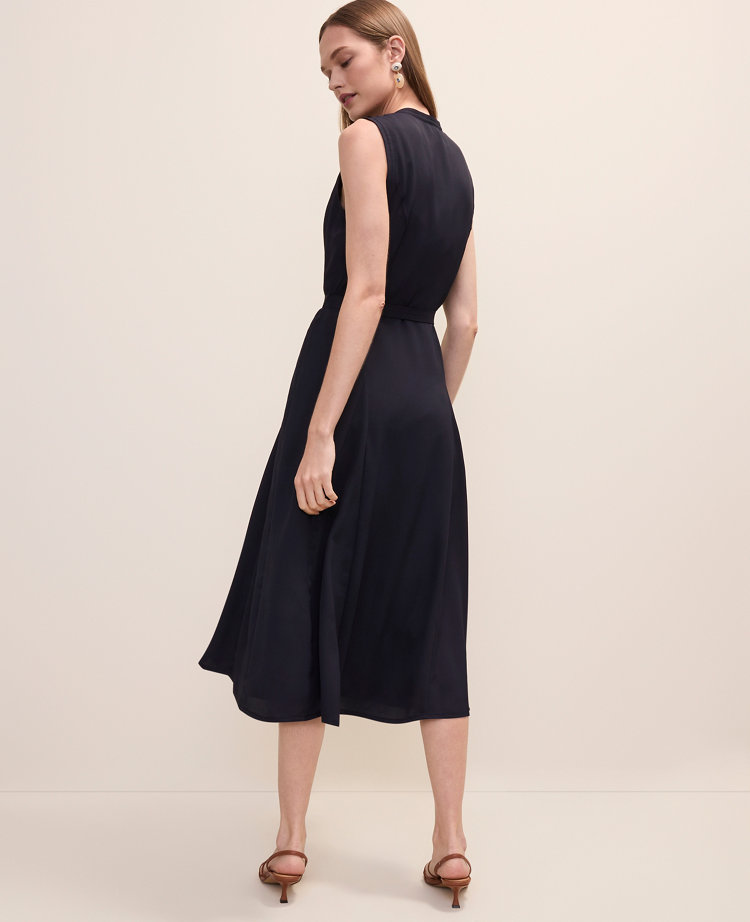 Petite Belted Split Neck Flare Dress