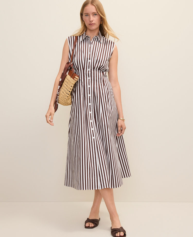 Petite Weekend Striped Pleated Midi Shirtdress