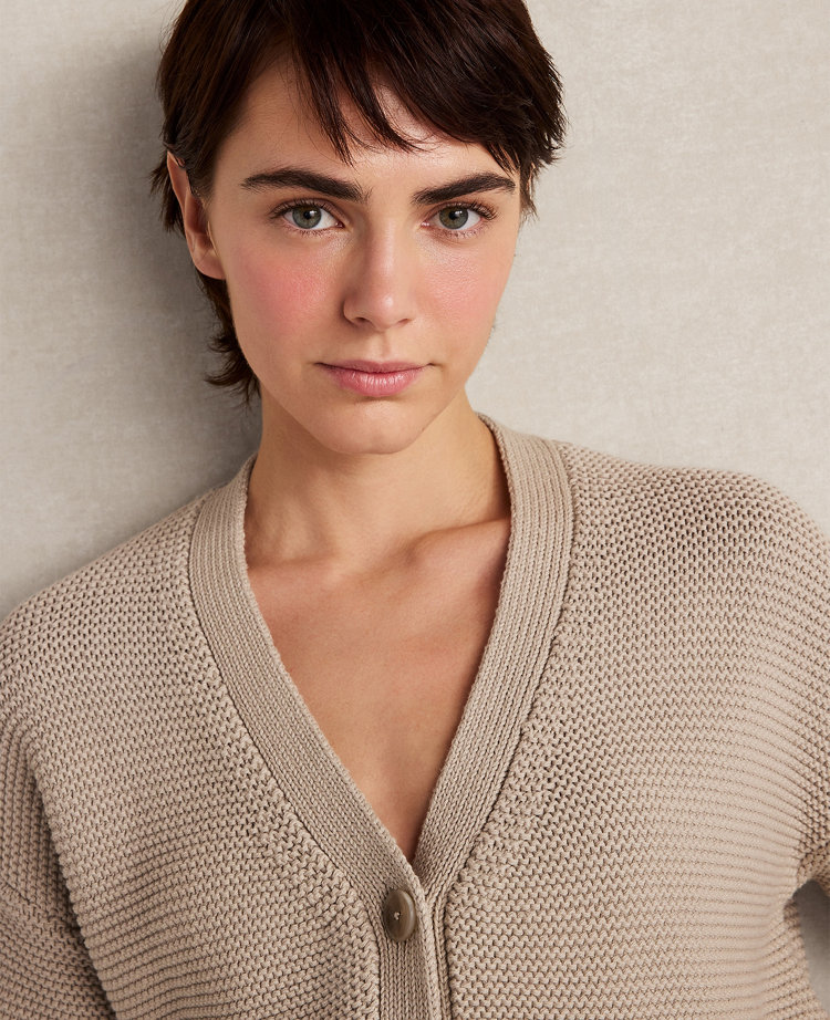 Ann Taylor Haven Well Within Organic Cotton Link Stitch Cardigan Taupe Women's