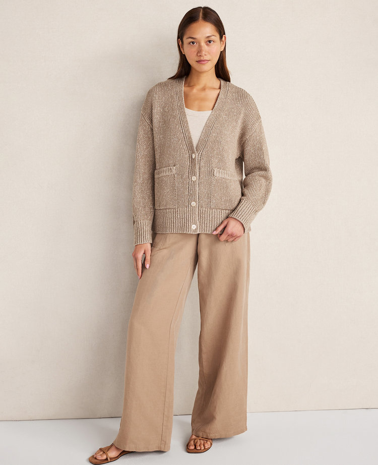 Ann Taylor Haven Well Within Organic Cotton Linen Plaited V-Neck Cardigan Taupe Women's