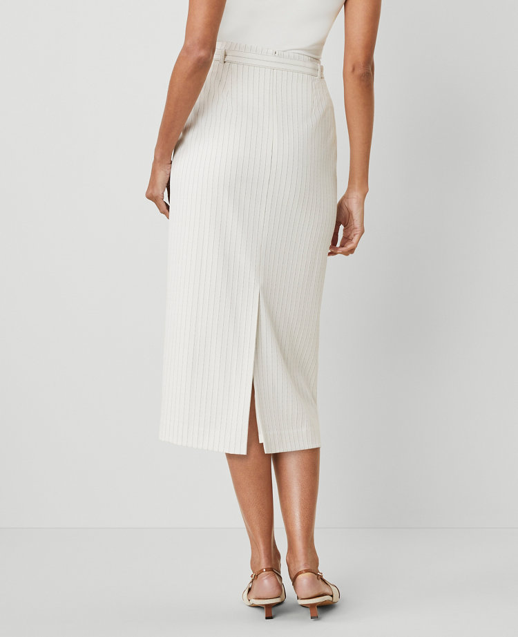 Shop Ann Taylor Petite Pinstripe Belted Midi Pencil Skirt In Dusty Ivory Melange